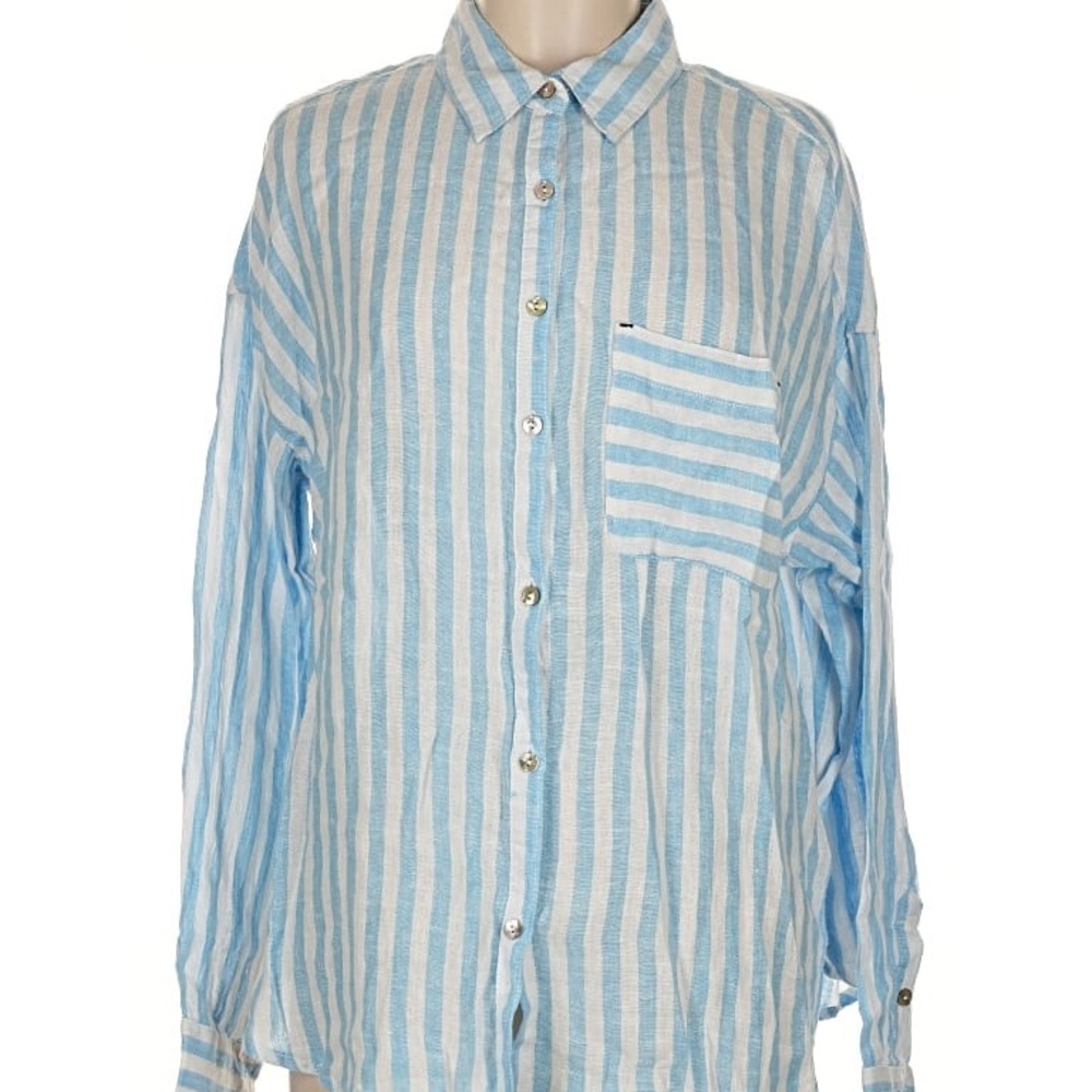Nicole Miller Blue and White Striped Women’s Buttom Down Shirt